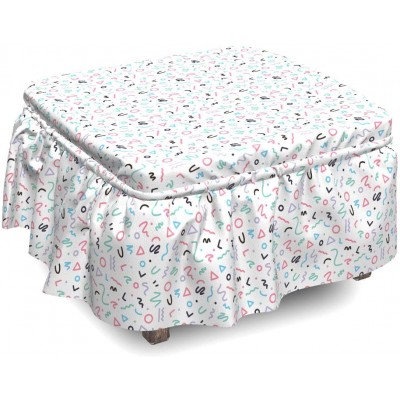 Lunarable Geometric Ottoman Cover Memphis Style Pastel Tone 2 Piece Slipcover Set with Ruffle Skirt for Square Round Cube Footstool Decorative Home Accent Standard Size Multicolor