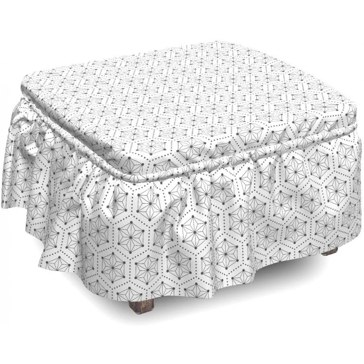 Lunarable Geometric Ottoman Cover Star Shapes in Hexagons 2 Piece Slipcover Set with Ruffle Skirt for Square Round Cube Footstool Decorative Home Accent Standard Size Charcoal Grey White