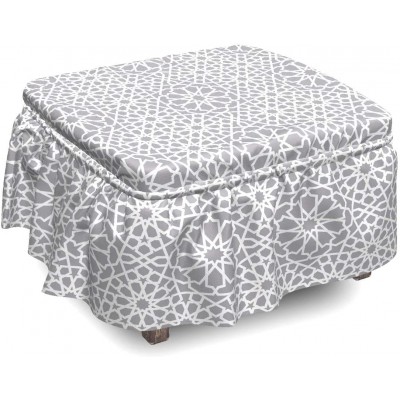 Lunarable Grey Abstract Ottoman Cover Moroccan Star 2 Piece Slipcover Set with Ruffle Skirt for Square Round Cube Footstool Decorative Home Accent Standard Size Grey and White