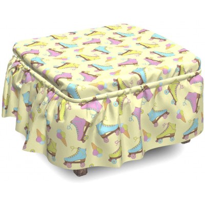 Lunarable Ice Cream Ottoman Cover Skates and Ice Creams 2 Piece Slipcover Set with Ruffle Skirt for Square Round Cube Footstool Decorative Home Accent Standard Size Multicolor
