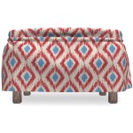 Lunarable Ikat Ottoman Cover Diagonal Moire Squares Pattern 2 Piece Slipcover Set with Ruffle Skirt for Square Round Cube Footstool Decorative Home Accent Standard Size Cream Blue Red