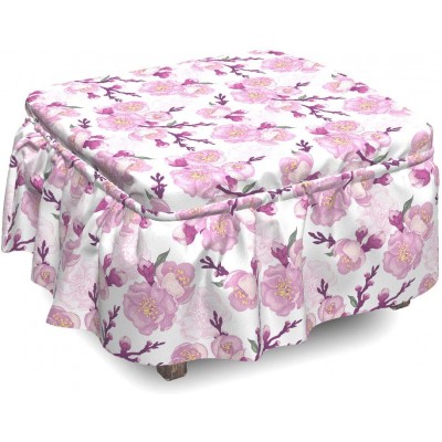 Lunarable Japanese Ottoman Cover Cherry Blossom Pattern 2 Piece Slipcover Set with Ruffle Skirt for Square Round Cube Footstool Decorative Home Accent Standard Size Pink Pale Yellow and Magenta