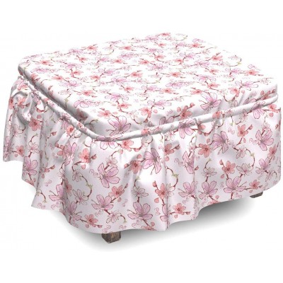 Lunarable Japanese Ottoman Cover Cherry Blossom Sakura Tree 2 Piece Slipcover Set with Ruffle Skirt for Square Round Cube Footstool Decorative Home Accent Standard Size Pastel Pink White