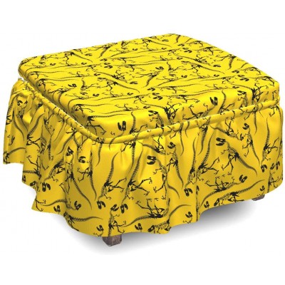Lunarable Jurassic Ottoman Cover Skeleton Tyrannosaurus Rex 2 Piece Slipcover Set with Ruffle Skirt for Square Round Cube Footstool Decorative Home Accent Standard Size Yellow Black