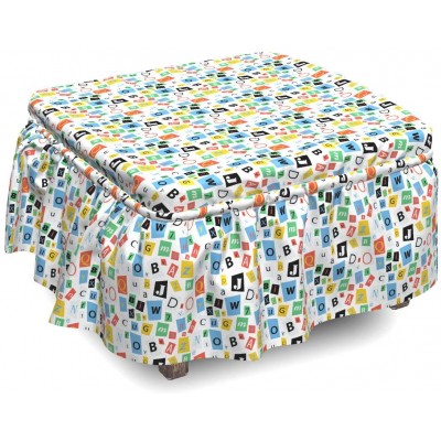 Lunarable Letters Ottoman Cover Colorful Alphabet ABC Theme 2 Piece Slipcover Set with Ruffle Skirt for Square Round Cube Footstool Decorative Home Accent Standard Size Multicolor