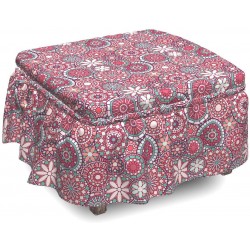 Lunarable Mandala Ottoman Cover Round Motifs Inspired 2 Piece Slipcover Set with Ruffle Skirt for Square Round Cube Footstool Decorative Home Accent Standard Size Multicolor