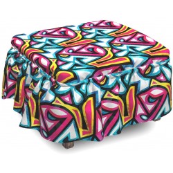 Lunarable Modern Ottoman Cover Geometric Street Graffiti 2 Piece Slipcover Set with Ruffle Skirt for Square Round Cube Footstool Decorative Home Accent Standard Size Aqua Fuchsia Yellow