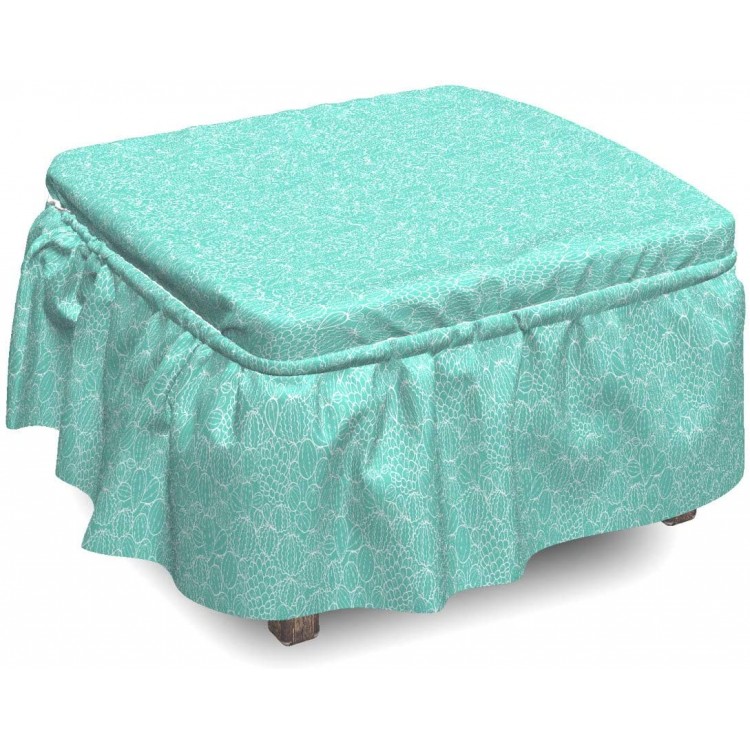Lunarable Nature Ottoman Cover Mexican Flora Cactus Pattern 2 Piece Slipcover Set with Ruffle Skirt for Square Round Cube Footstool Decorative Home Accent Standard Size Sea Green White