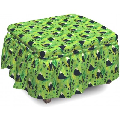 Lunarable Nature Ottoman Cover Mountains Different Plants 2 Piece Slipcover Set with Ruffle Skirt for Square Round Cube Footstool Decorative Home Accent Standard Size Apple Green Black Yellow