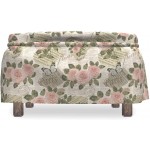 Lunarable Old Newspaper Ottoman Cover Romantic Rose Corsage 2 Piece Slipcover Set with Ruffle Skirt for Square Round Cube Footstool Decorative Home Accent Standard Size Army Green Blush Ivory