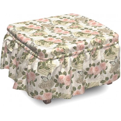 Lunarable Old Newspaper Ottoman Cover Romantic Rose Corsage 2 Piece Slipcover Set with Ruffle Skirt for Square Round Cube Footstool Decorative Home Accent Standard Size Army Green Blush Ivory