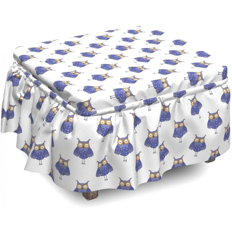 Lunarable Owl Ottoman Cover Forest Creature Stars Polka Dot 2 Piece Slipcover Set with Ruffle Skirt for Square Round Cube Footstool Decorative Home Accent Standard Size Indigo Lavender Pale Grey