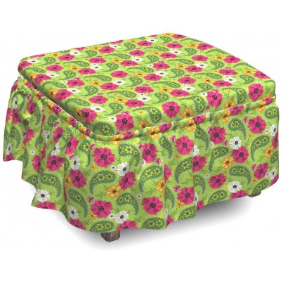 Lunarable Paisley Ottoman Cover Blossoming Vivid Flowers 2 Piece Slipcover Set with Ruffle Skirt for Square Round Cube Footstool Decorative Home Accent Standard Size Multicolor