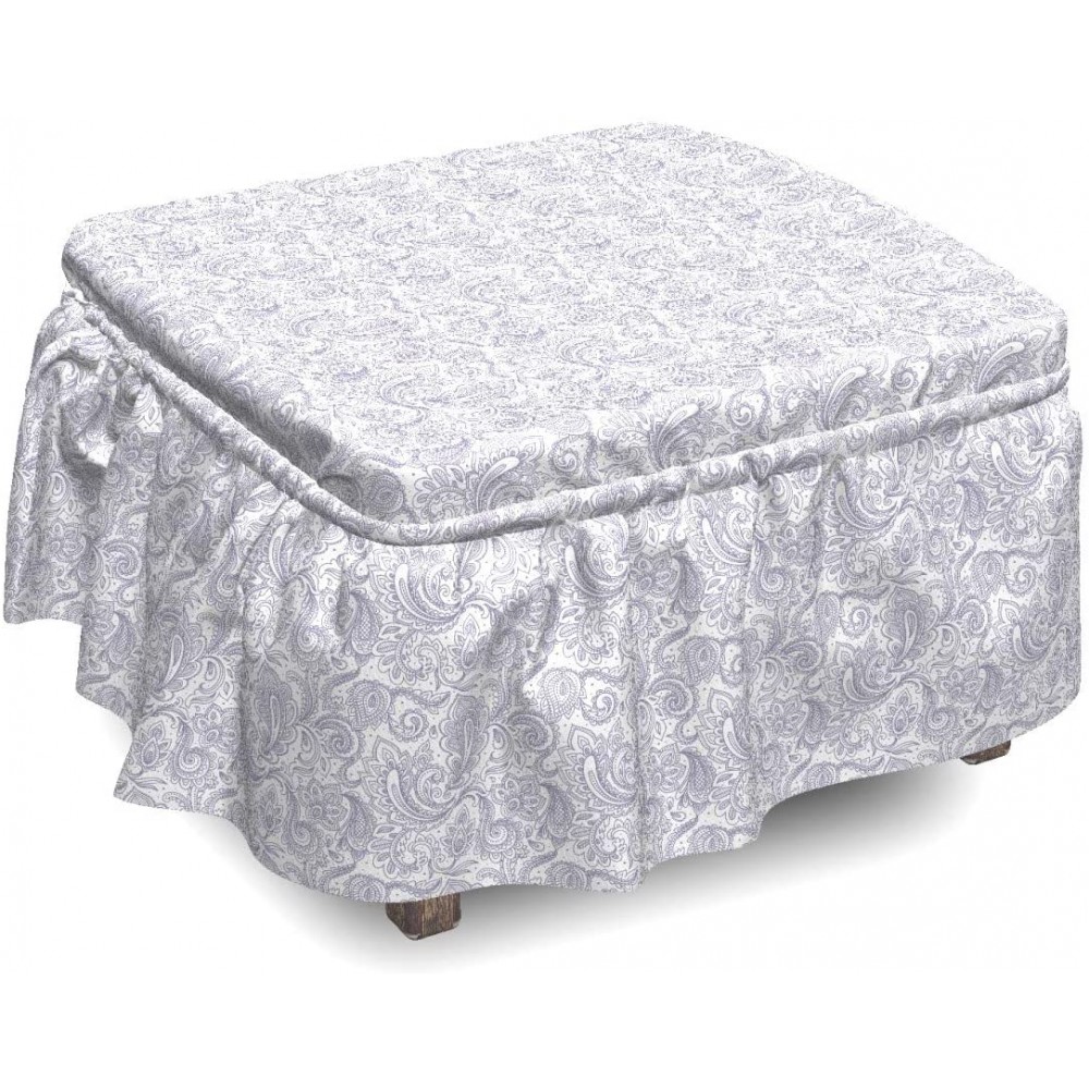 Lunarable Paisley Ottoman Cover Elements Ornate 2 Piece Slipcover Set with Ruffle Skirt for Square Round Cube Footstool Decorative Home Accent Standard Size Mauve White