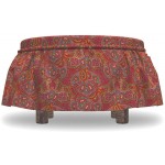 Lunarable Paisley Ottoman Cover Oriental Design Boho Motif 2 Piece Slipcover Set with Ruffle Skirt for Square Round Cube Footstool Decorative Home Accent Standard Size Ruby Multicolor