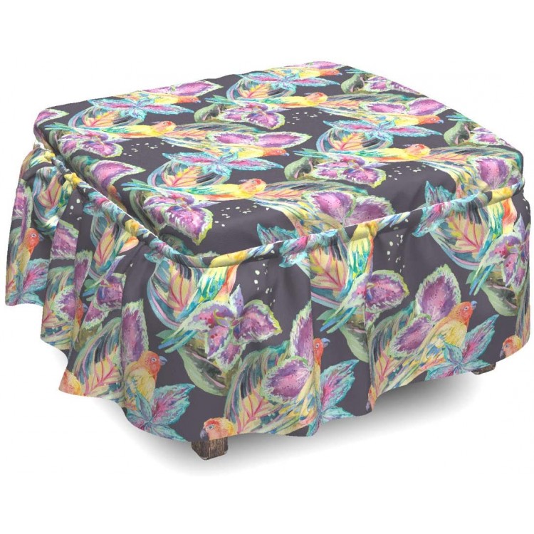 Lunarable Parrots Ottoman Cover Colorful Bird and Leaves 2 Piece Slipcover Set with Ruffle Skirt for Square Round Cube Footstool Decorative Home Accent Standard Size Multicolor