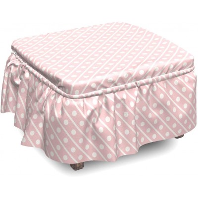 Lunarable Pink Ottoman Cover Diagonal Lines and Polka Dots 2 Piece Slipcover Set with Ruffle Skirt for Square Round Cube Footstool Decorative Home Accent Standard Size Pale Pink White