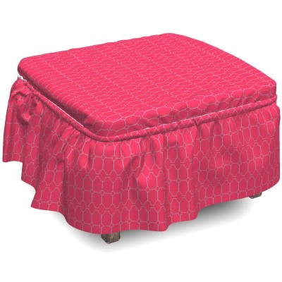 Lunarable Pink Ottoman Cover Oriental Moroccan Style Shapes 2 Piece Slipcover Set with Ruffle Skirt for Square Round Cube Footstool Decorative Home Accent Standard Size Hot Pink and Mint Green