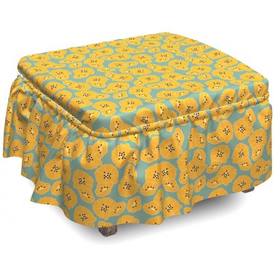 Lunarable Poppy Flower Ottoman Cover Petal Arrangement 2 Piece Slipcover Set with Ruffle Skirt for Square Round Cube Footstool Decorative Home Accent Standard Size Cadet Blue Orange