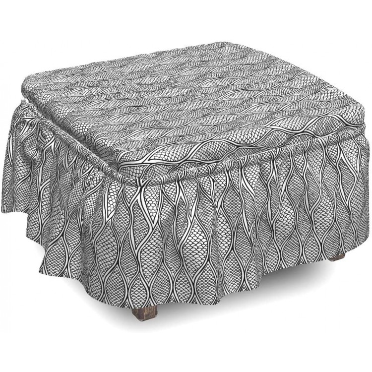Lunarable Reptile Ottoman Cover Monochrome Snake Skin Look 2 Piece Slipcover Set with Ruffle Skirt for Square Round Cube Footstool Decorative Home Accent Standard Size Black White