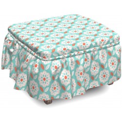 Lunarable Retro Modern Ottoman Cover Striped Leaves Flora 2 Piece Slipcover Set with Ruffle Skirt for Square Round Cube Footstool Decorative Home Accent Standard Size Seafoam Vermilion