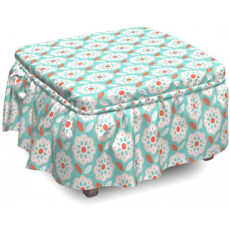 Lunarable Retro Modern Ottoman Cover Striped Leaves Flora 2 Piece Slipcover Set with Ruffle Skirt for Square Round Cube Footstool Decorative Home Accent Standard Size Seafoam Vermilion