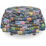 Lunarable Retro Ottoman Cover Music Cassettes of Nineties 2 Piece Slipcover Set with Ruffle Skirt for Square Round Cube Footstool Decorative Home Accent Standard Size Multicolor