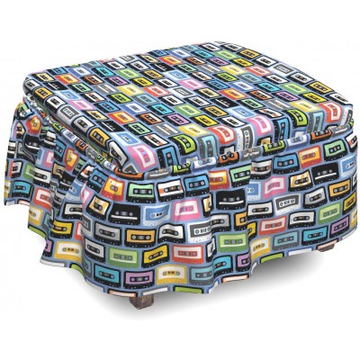 Lunarable Retro Ottoman Cover Music Cassettes of Nineties 2 Piece Slipcover Set with Ruffle Skirt for Square Round Cube Footstool Decorative Home Accent Standard Size Multicolor