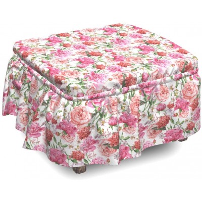 Lunarable Roses Ottoman Cover Gentle Summertime Peonies 2 Piece Slipcover Set with Ruffle Skirt for Square Round Cube Footstool Decorative Home Accent Standard Size Multicolor