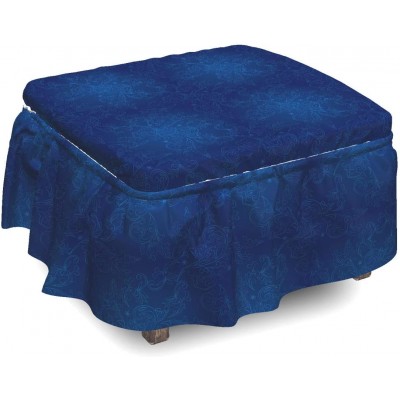Lunarable Royal Blue Ottoman Cover Traditional Classic Line 2 Piece Slipcover Set with Ruffle Skirt for Square Round Cube Footstool Decorative Home Accent Standard Size Navy Blue