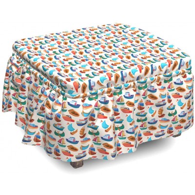 Lunarable Sail Boat Ottoman Cover Cartoon Vessels Pattern 2 Piece Slipcover Set with Ruffle Skirt for Square Round Cube Footstool Decorative Home Accent Standard Size Multicolor