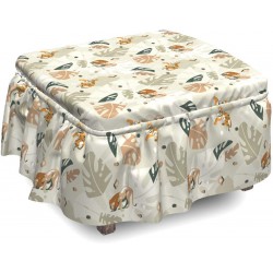 Lunarable Savannah Ottoman Cover Exotic Leaves Tiger Lion 2 Piece Slipcover Set with Ruffle Skirt for Square Round Cube Footstool Decorative Home Accent Standard Size Grey Yellow and Multicolor
