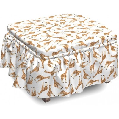 Lunarable Savannah Ottoman Cover Giraffe Animal Simple Art 2 Piece Slipcover Set with Ruffle Skirt for Square Round Cube Footstool Decorative Home Accent Standard Size Pale Brown White