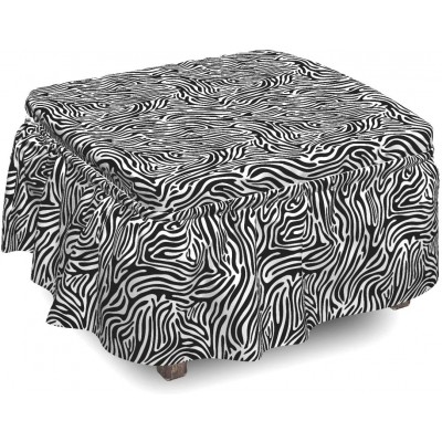 Lunarable Savannah Ottoman Cover Wavy Style Zebra Stripes 2 Piece Slipcover Set with Ruffle Skirt for Square Round Cube Footstool Decorative Home Accent Standard Size Black and White