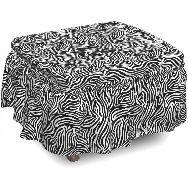 Lunarable Savannah Ottoman Cover Wavy Style Zebra Stripes 2 Piece Slipcover Set with Ruffle Skirt for Square Round Cube Footstool Decorative Home Accent Standard Size Black and White
