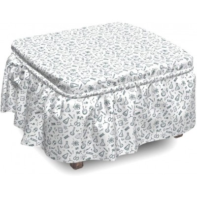 Lunarable Science Ottoman Cover Doodle Experiment Design 2 Piece Slipcover Set with Ruffle Skirt for Square Round Cube Footstool Decorative Home Accent Standard Size Bluegrey and White