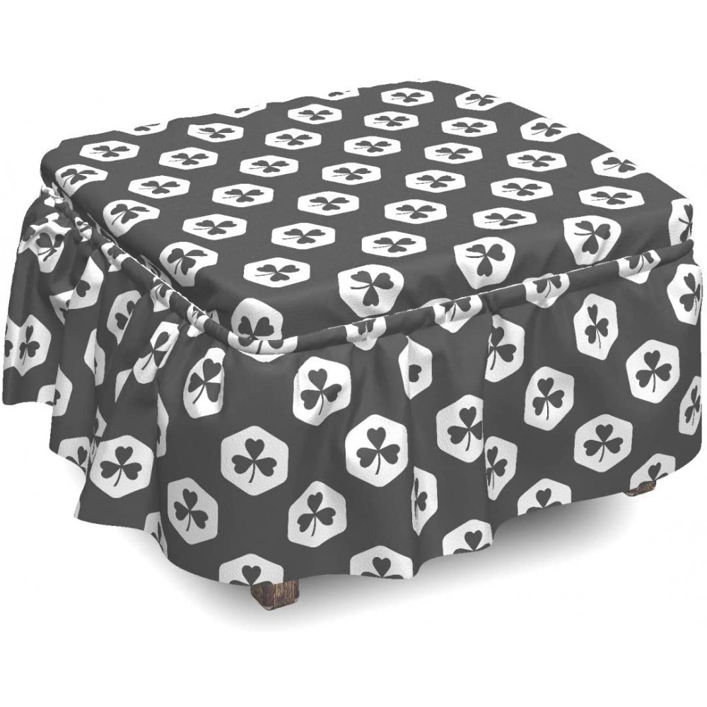 Lunarable Shamrock Ottoman Cover Classic Irish Motif Clover 2 Piece Slipcover Set with Ruffle Skirt for Square Round Cube Footstool Decorative Home Accent Standard Size Black and White