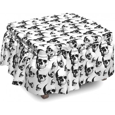 Lunarable Skull Ottoman Cover Cartoon Skeleton Heads 2 Piece Slipcover Set with Ruffle Skirt for Square Round Cube Footstool Decorative Home Accent Standard Size Black White