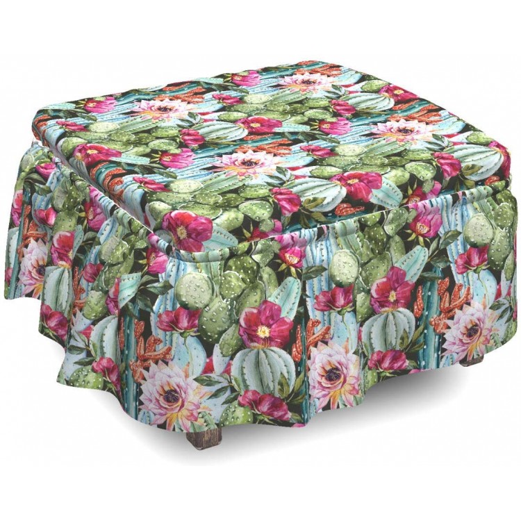 Lunarable Succulent Ottoman Cover Vintage Cactus Flora Art 2 Piece Slipcover Set with Ruffle Skirt for Square Round Cube Footstool Decorative Home Accent Standard Size Multicolor