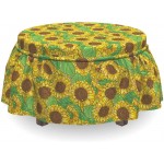 Lunarable Sunflower Ottoman Cover Bunch of Flowers Petals 2 Piece Slipcover Set with Ruffle Skirt for Square Round Cube Footstool Decorative Home Accent Standard Size Yellow Brown Green
