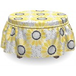 Lunarable Sunflower Ottoman Cover Stripe Petal Summer Bloom 2 Piece Slipcover Set with Ruffle Skirt for Square Round Cube Footstool Decorative Home Accent Standard Size Yellow Black Grey