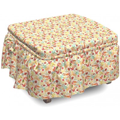 Lunarable Thanksgiving Ottoman Cover Autumn Leaves Maple 2 Piece Slipcover Set with Ruffle Skirt for Square Round Cube Footstool Decorative Home Accent Standard Size Multicolor