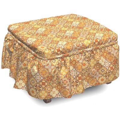 Lunarable Traditional Ottoman Cover Geometric Rhombuses 2 Piece Slipcover Set with Ruffle Skirt for Square Round Cube Footstool Decorative Home Accent Standard Size Multicolor