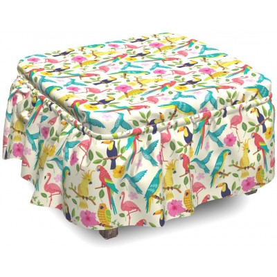 Lunarable Tropical Ottoman Cover Parrots Flowers Flamingos 2 Piece Slipcover Set with Ruffle Skirt for Square Round Cube Footstool Decorative Home Accent Standard Size Multicolor