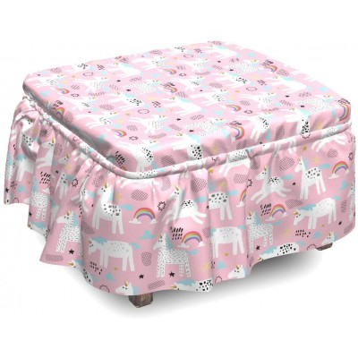 Lunarable Unicorn Ottoman Cover Horses 2 Piece Slipcover Set with Ruffle Skirt for Square Round Cube Footstool Decorative Home Accent Standard Size Multicolor
