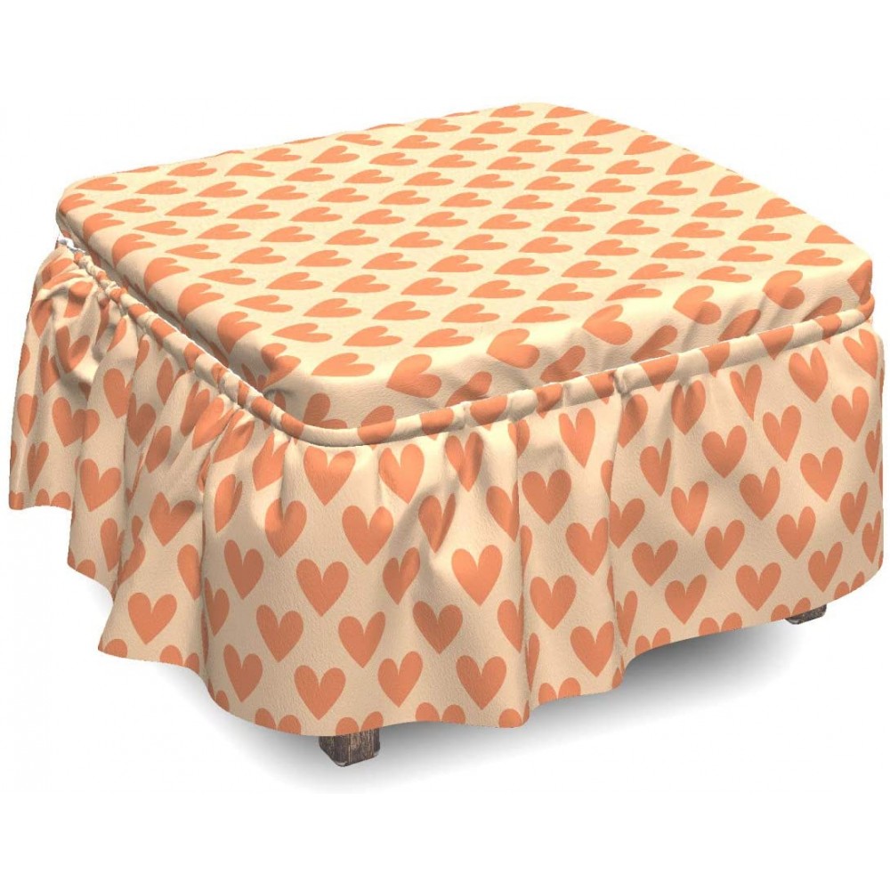Lunarable Valentine Ottoman Cover Orange Tone Heart Shapes 2 Piece Slipcover Set with Ruffle Skirt for Square Round Cube Footstool Decorative Home Accent Standard Size Orange Peach