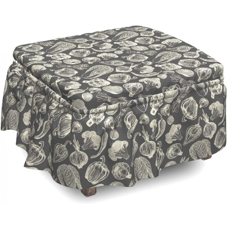 Lunarable Vegetable Ottoman Cover Onion Broccoli Lettuce 2 Piece Slipcover Set with Ruffle Skirt for Square Round Cube Footstool Decorative Home Accent Standard Size Charcoal Grey Ivory