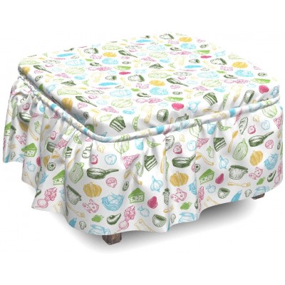 Lunarable Vegetables Ottoman Cover Kitchen Elements Pot 2 Piece Slipcover Set with Ruffle Skirt for Square Round Cube Footstool Decorative Home Accent Standard Size Multicolor