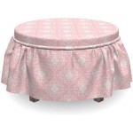Lunarable Vintage Ottoman Cover Curved Scroll Leaves Petals 2 Piece Slipcover Set with Ruffle Skirt for Square Round Cube Footstool Decorative Home Accent Standard Size Pale Pink White
