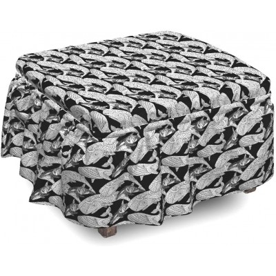 Lunarable Whale Ottoman Cover Flourish Ornamental Big Fish 2 Piece Slipcover Set with Ruffle Skirt for Square Round Cube Footstool Decorative Home Accent Standard Size Charcoal Grey White and Grey